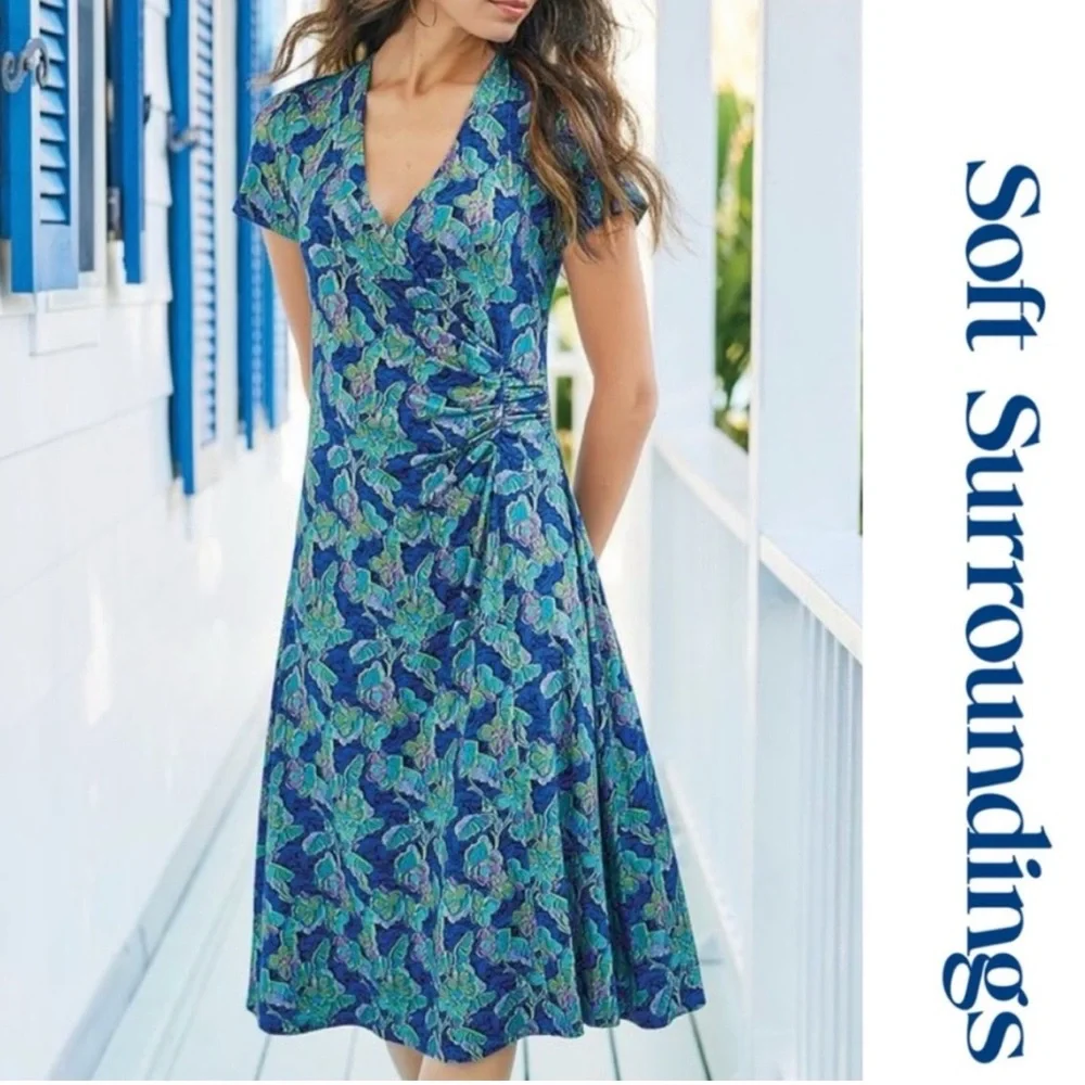 Soft Surroundings Blue Green Printed Midi Wrap Dress - Picture 10 of 10